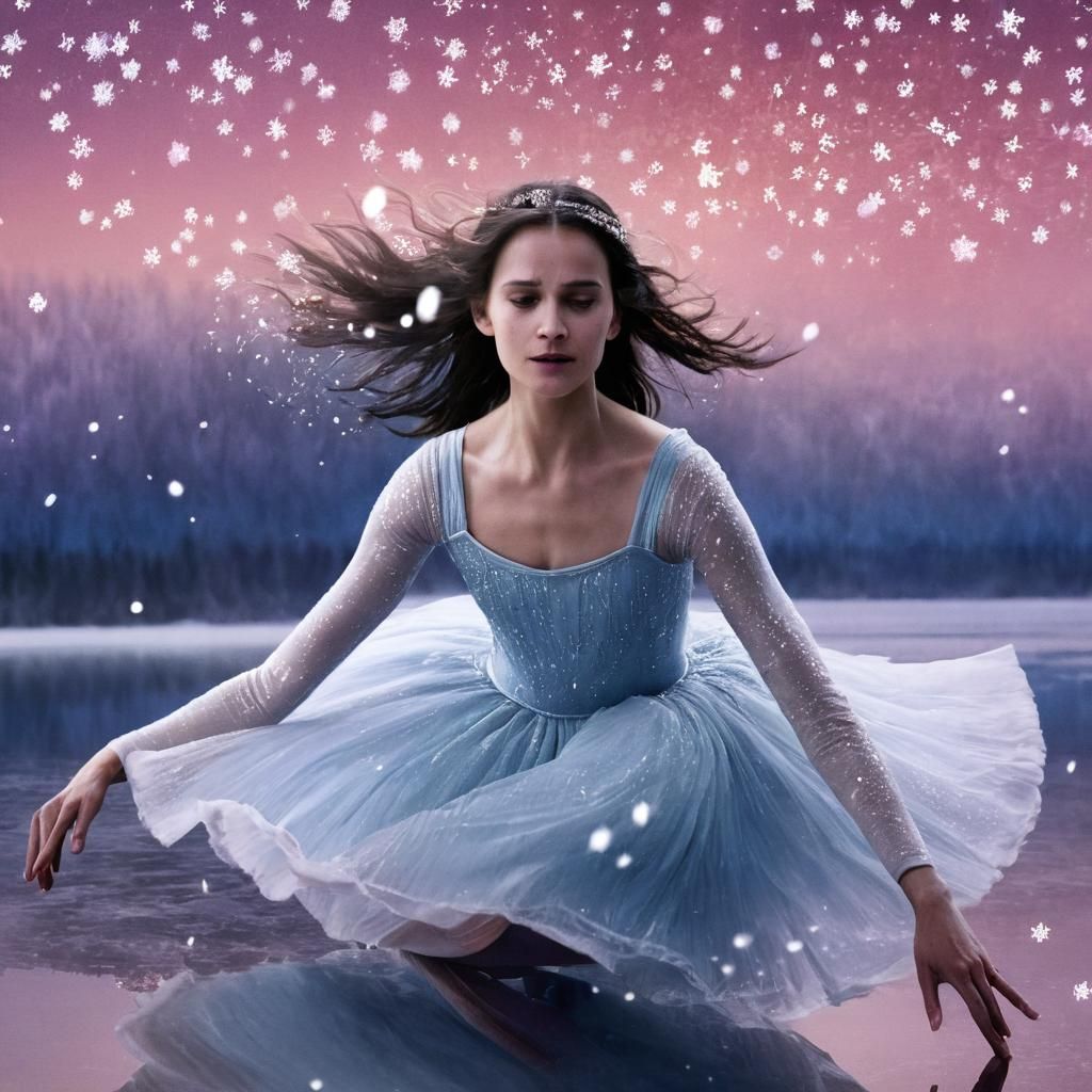 portrait of <Subject> as a beautiful ballet dancer dancing on a frozen lake at twilight. Swirling stars and snowflakes in the night sky. By...