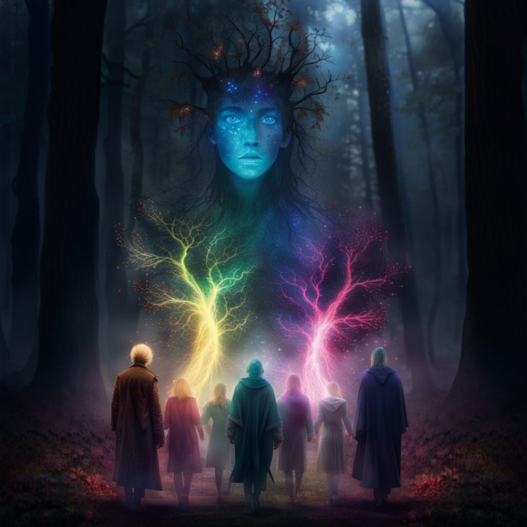 Seven colored souls, sparks, fog, forest, magic, four man, t...