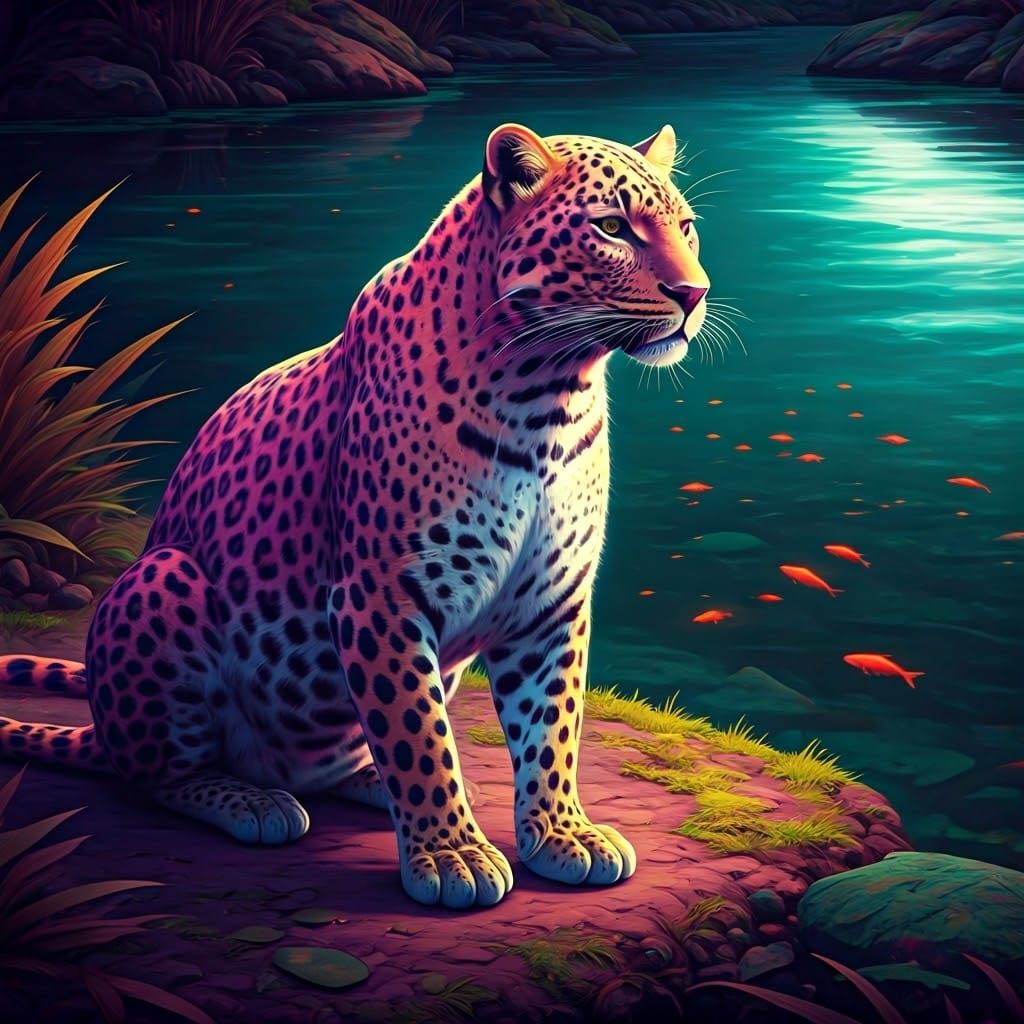 Luminous Leopard in Fantasy River Landscape