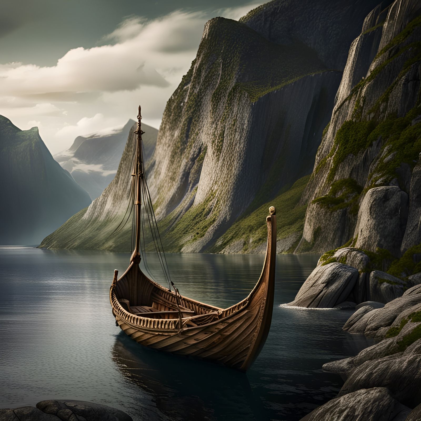 Spectacular fjord, rocky  with longboat  by @Tanke