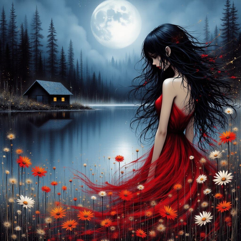<lora:Fleur Apparition:1.0> Fleur Apparition drifts near the edge of a moonlit lake at midnight, her honey-toned skin aglow with spectral li...
