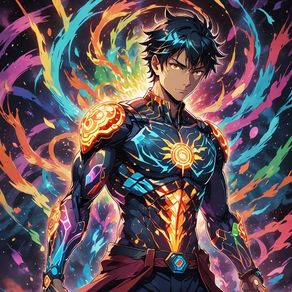 An indian boy in mid-air, surrounded by swirling elemental powers—earth, water, fire, air, and space. He faces demon, who stands tall, summo...