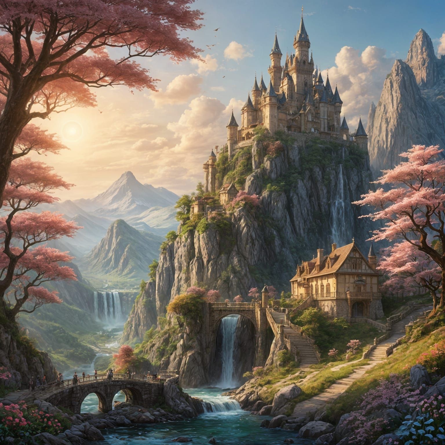 Magical Mountain Castle with Flowing Waterfall and Blossoms