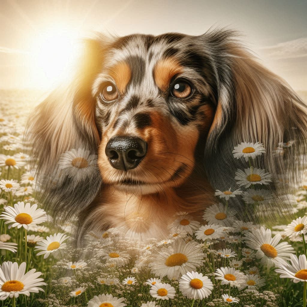Dapple Dachshund with Daisies