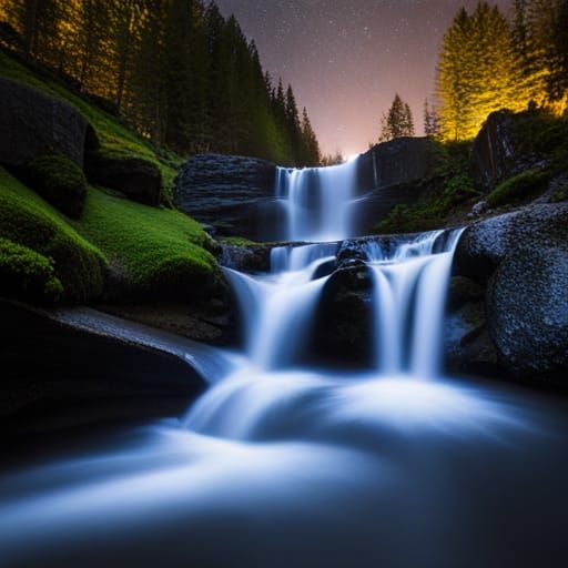 Illuminating waterfall at night