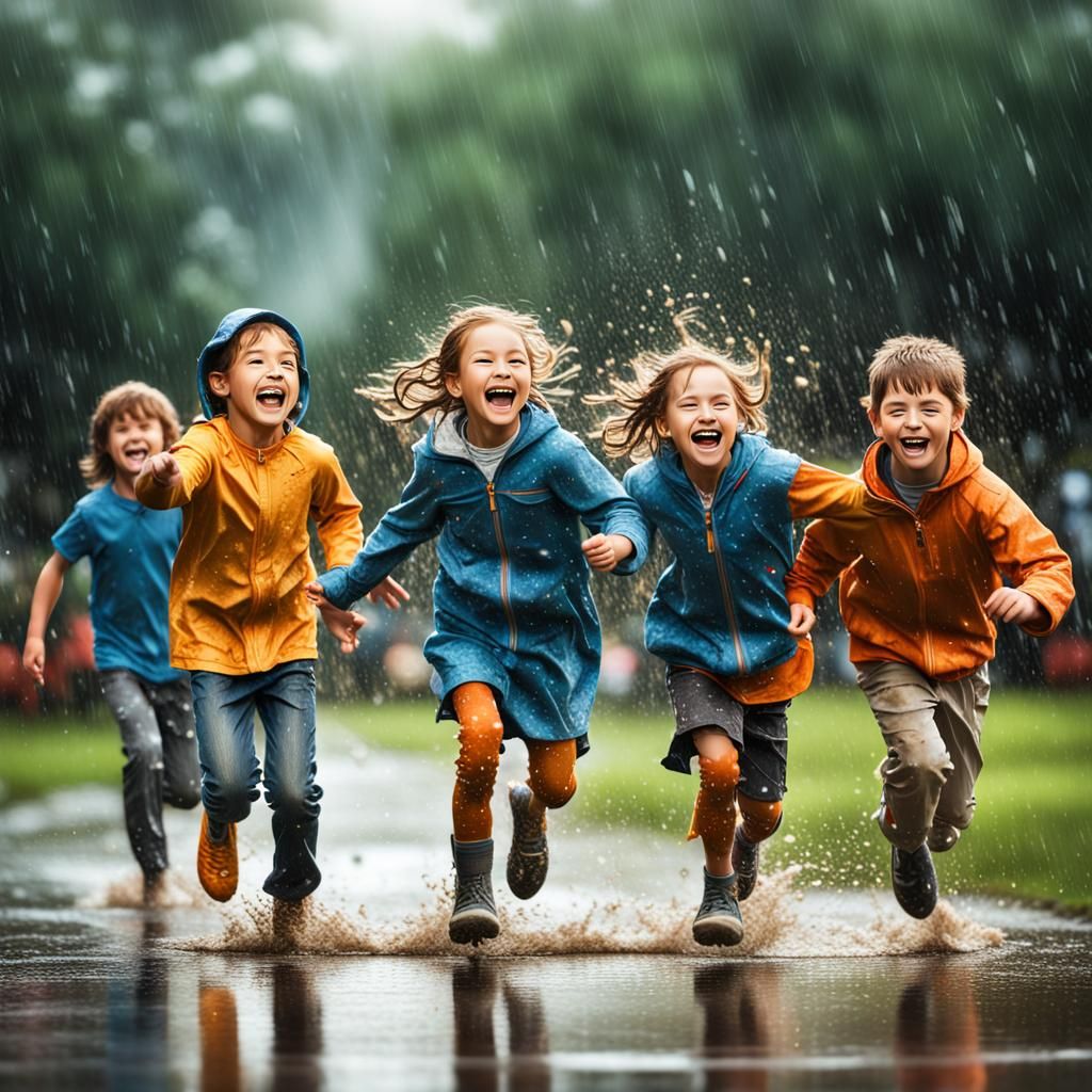 A group of happy, joyful children playing in the rain.