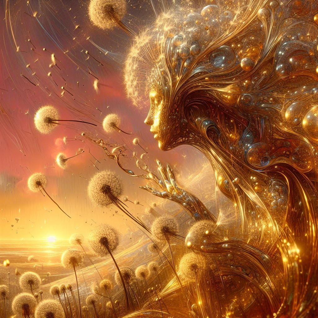 transparent blows dandelions sculpture made of transparent gold, descending towards earth from a dreamy sky, absurd world in style ink, acry...
