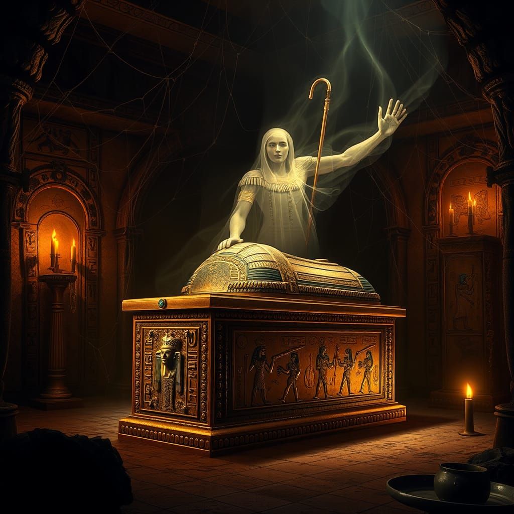 An ornate Egyptian pharaoh's tomb, intricately carved with hieroglyphics and ancient symbols, stands ...  by @Faea Tuulama