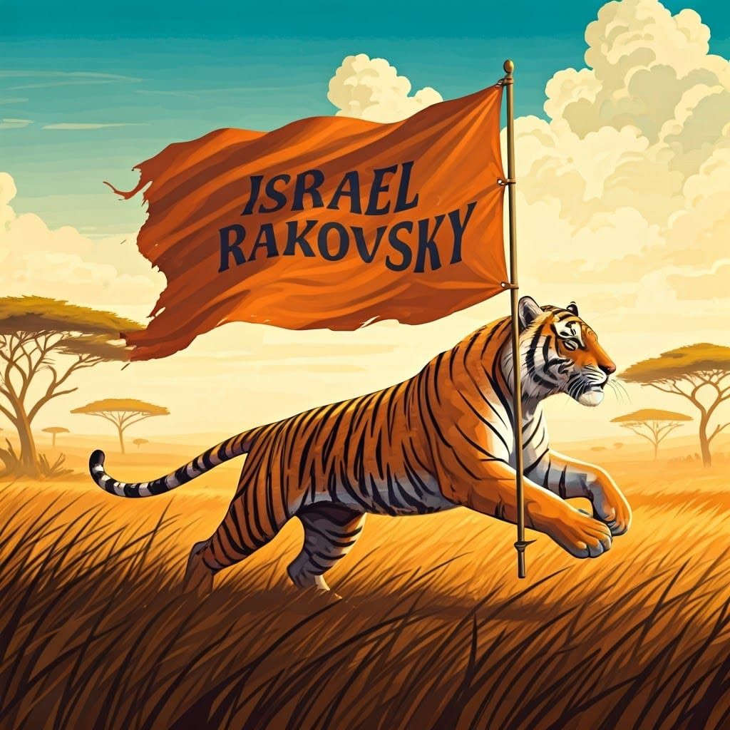 Dynamic Tiger Illustration with Israel Rakovsky Flag