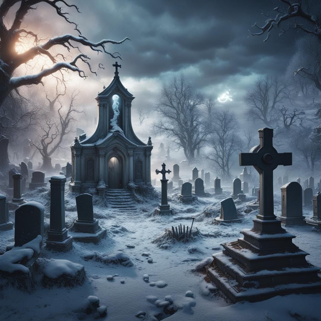 snowy graveyard and a tornado