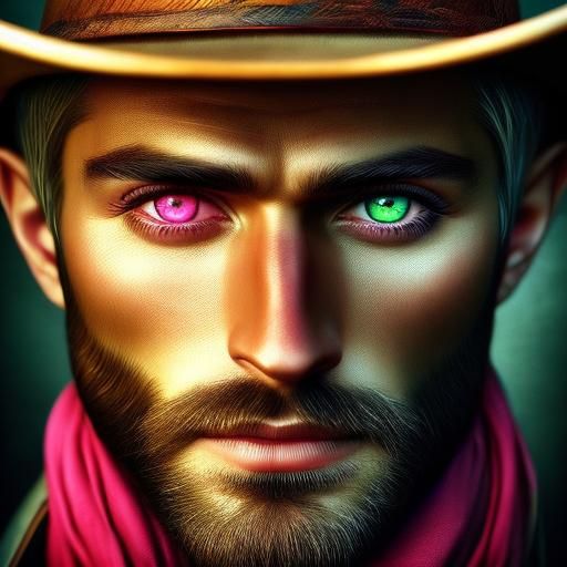 Heterochromia, <lora:SapphHeterochromia:1.0> one green eye and one pink eye, cowboy, split eye, beautiful, hyperrealistic, photography, port...