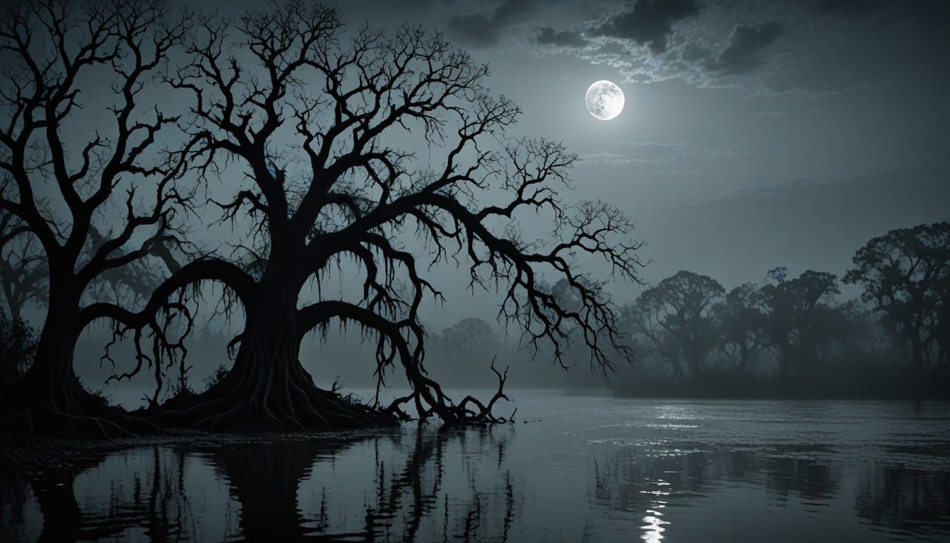 “A minimalist design for an image inspired by New Orleans folklore, voodoo, and shadowy spirits. The image features a single, dark silhouet...