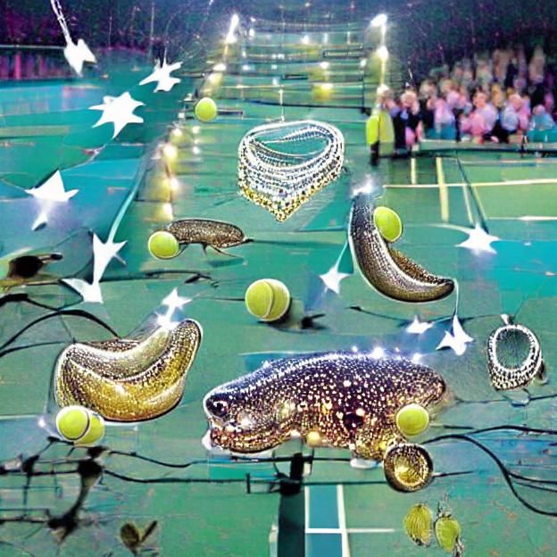 Tennis Court Filled With Shimmering Jewels and Arcing Electr...