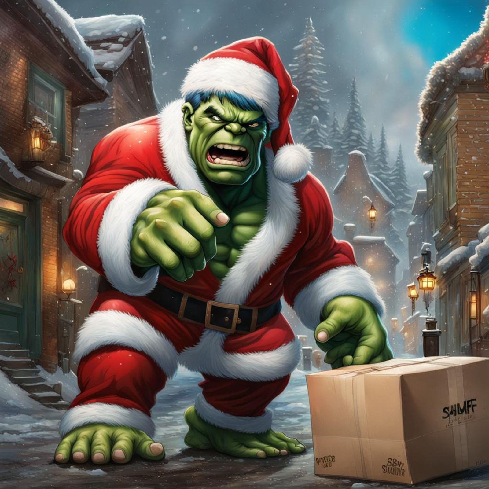 The hulk dressed as Santa delivering packages to the smurfs - AI ...