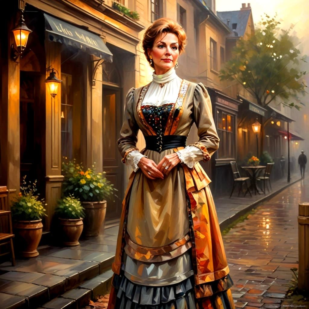 Elegant Woman in Vibrant Twilight Cityscape