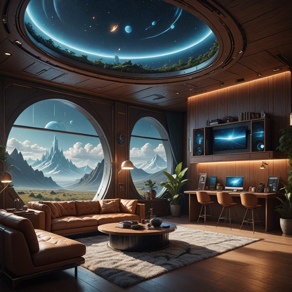 2025 futuristic apartment, chrome and wood, beautiful, sleek, elegant, cozy, high-tech but comfortable, ...  by @SirEdmund