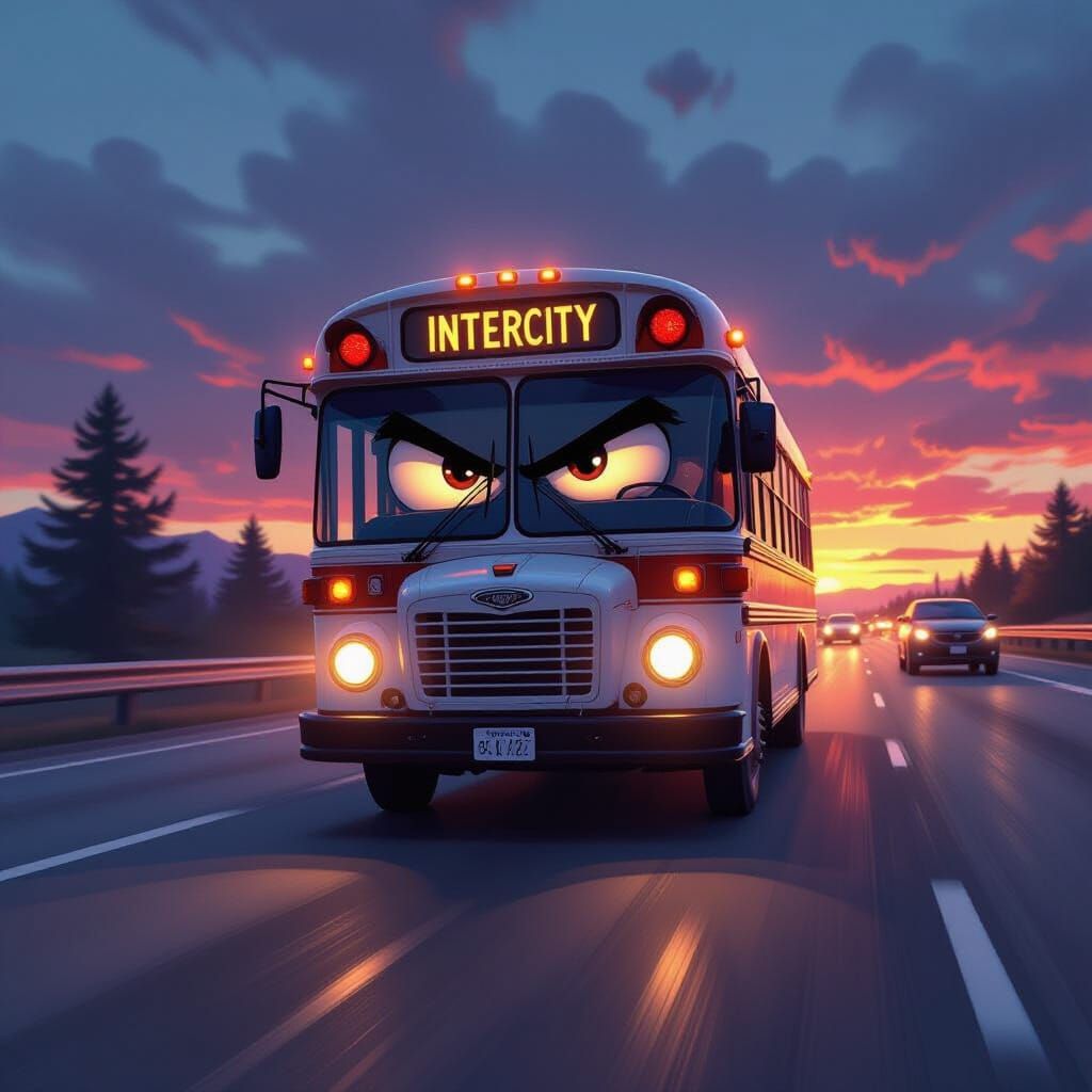 Angry Bus Speeds Down Road in Photorealistic Concept Art