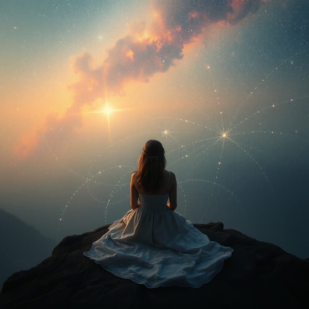 Woman Surrounded by Quantum Whispers in Contemplative Solitu...