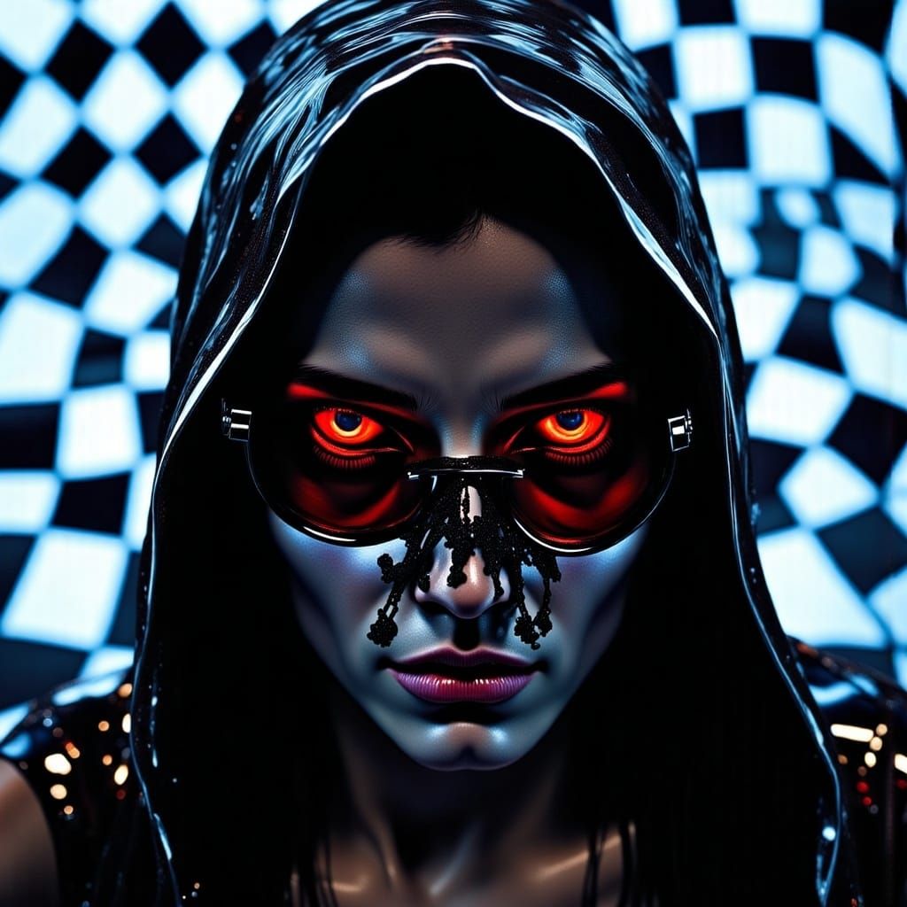 <lora:liquid:3.0> Partial-hiding chrome-Mask, intricate glitch art,  velvet-red bulging glowing x-eyes behind imperial glasses:: chains infr...
