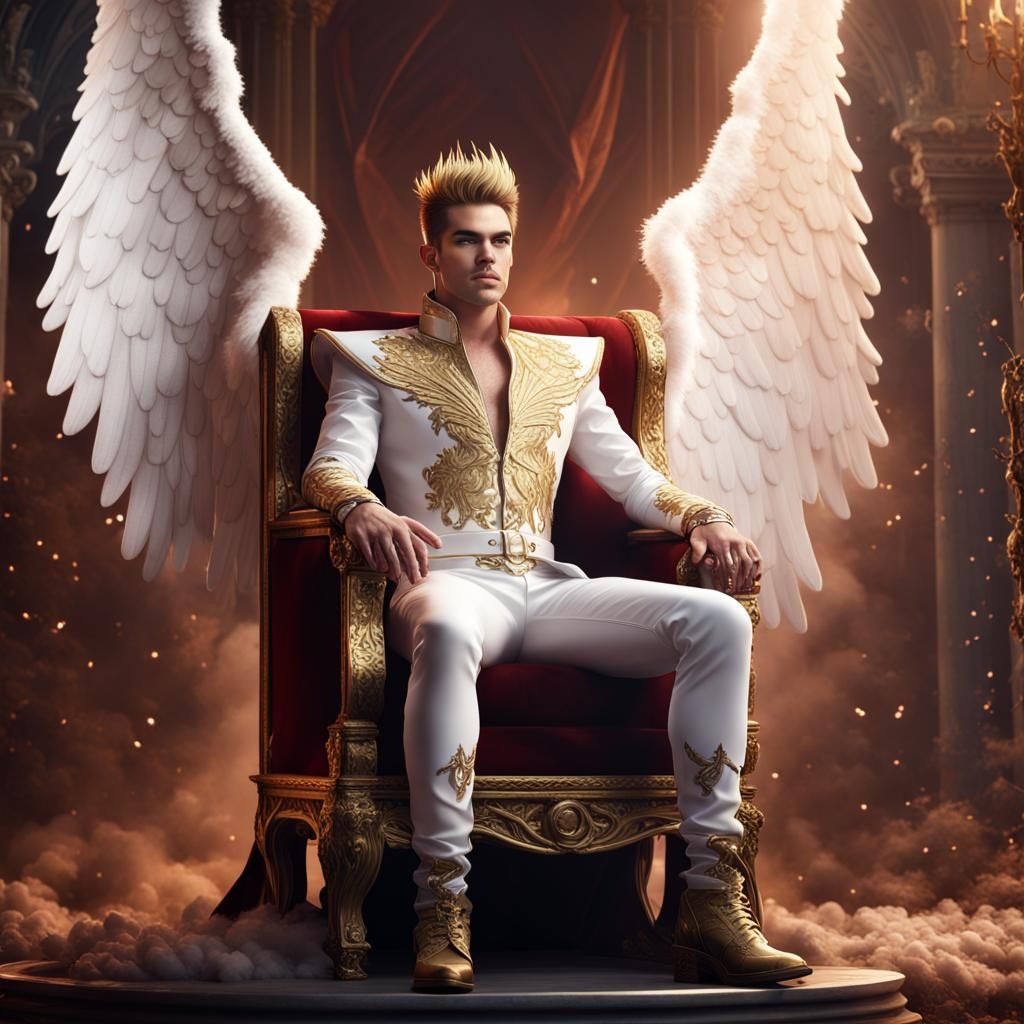 adam lambert as a angel prince with wings, sitting on a thro...