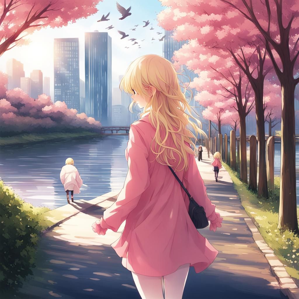 girl, blonde wavy hair, and pink clothes, city, river, walking, birds