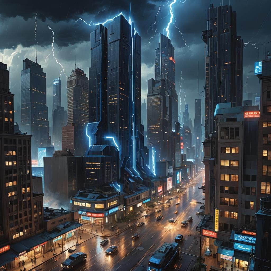Huge blue lightning strike in a dark futuristic city with tall ornate skyscrapers with ambient lighting