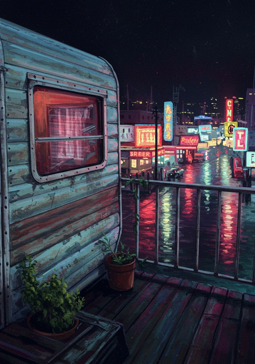 roughly oil painting depicting a trailer balcony above neon ...