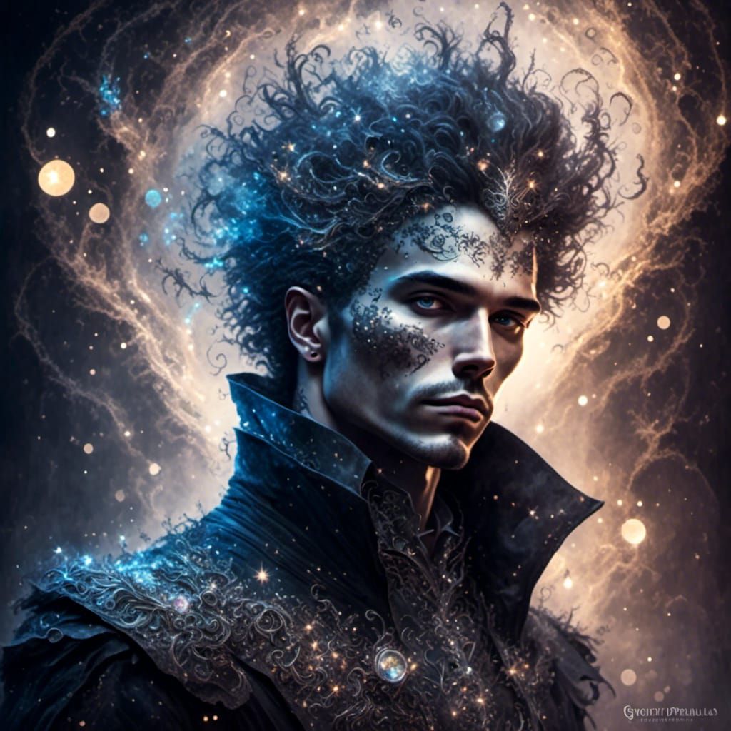 <lora:Glitter sparkle star:1.0> Goth man's portrait, electrical sparkles, silvery smoke, misty, glitter, sparkle, luminescence, lights in th...