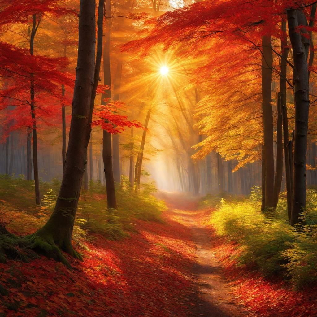 A vibrant forest, where leaves of every color imaginable gra...