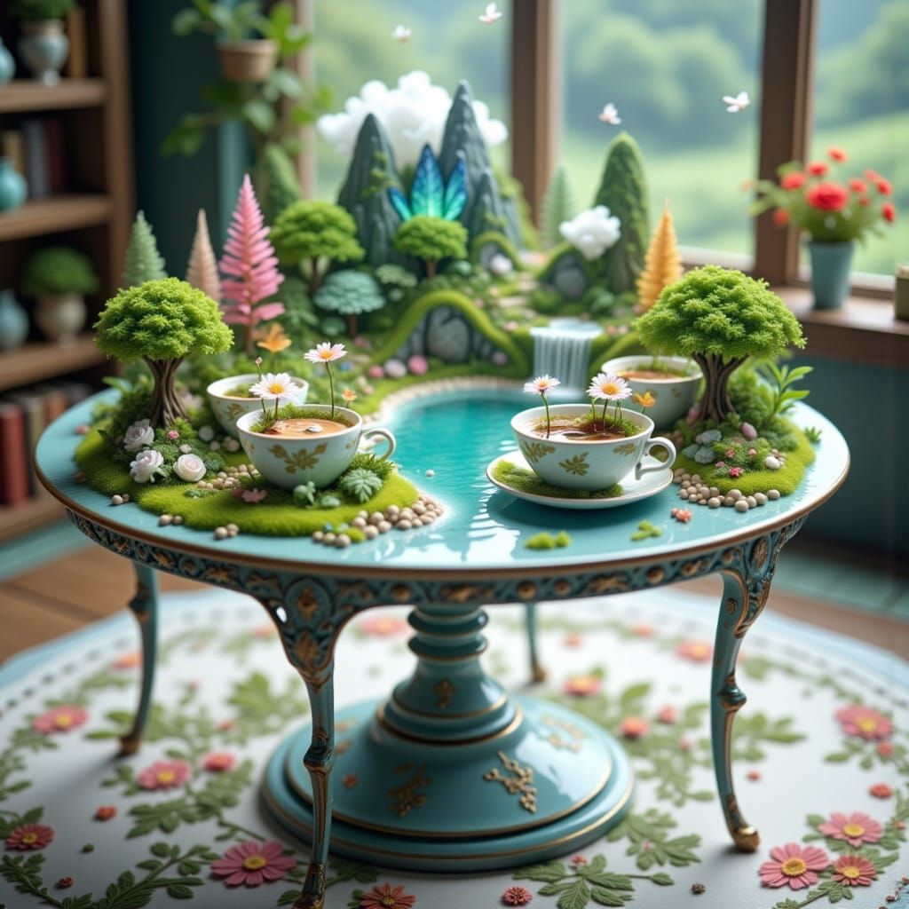 A table with several cups of coffee, all the cups have small worlds inside them. With pastel colors, 4k, ultra detailed, 64 megapixel, creat...