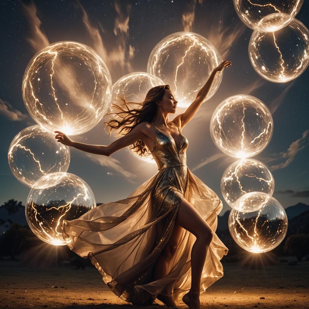 Women Dancing with Spheres of Light Under Night Sky