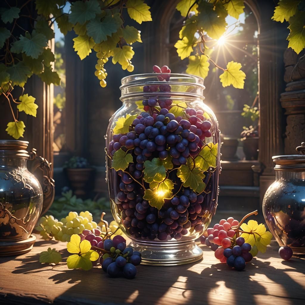 Grape in a jar, sunlight rays, reflects  by @Wildflower
