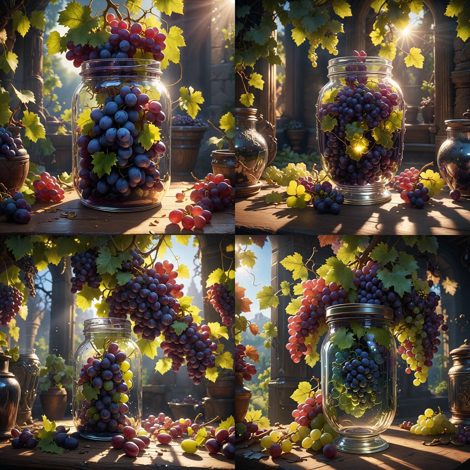 Grape in a jar, sunlight rays, reflects