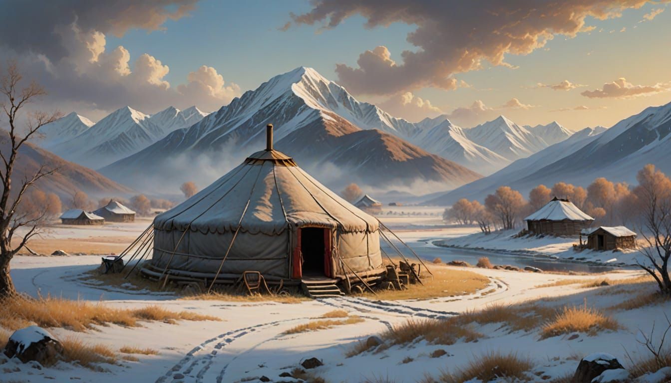 A mongolian Yurt made from tanned hides in a frozen plain of Mongolia, with mountains in the distance. ...  by @Jeff