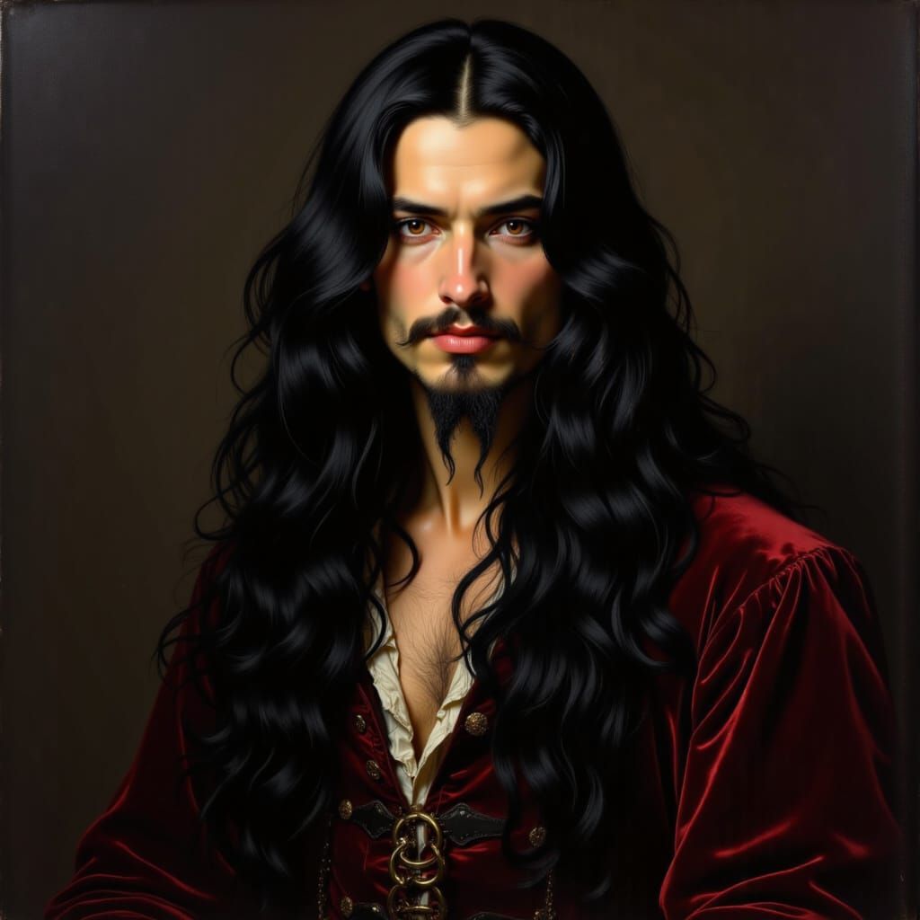 <lora:Corte espanola:1.0> A black long haired aristocratic male pirate. dark background room. Face. Stunningly eyes. Painting. Sandro Bottil...