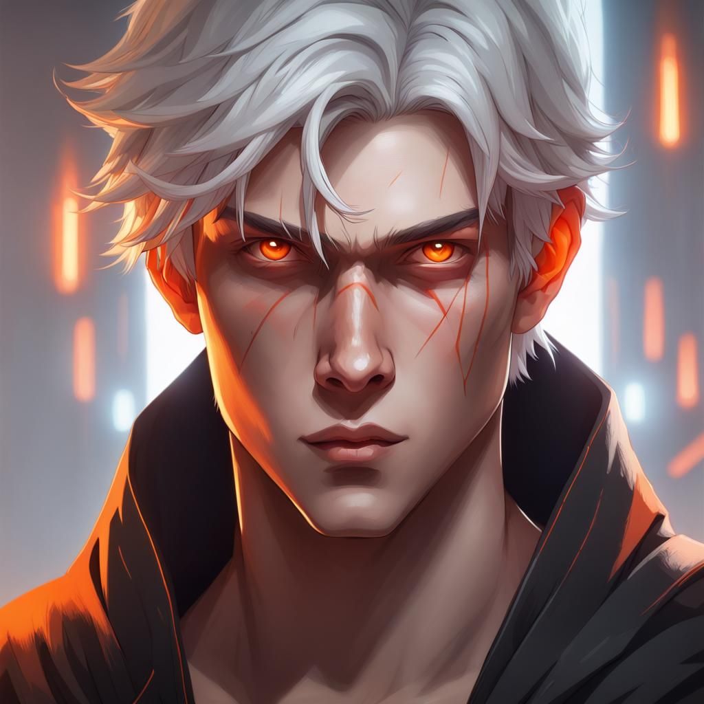 teenage Sith boy with white hair and delicate face and orange eyes but ...