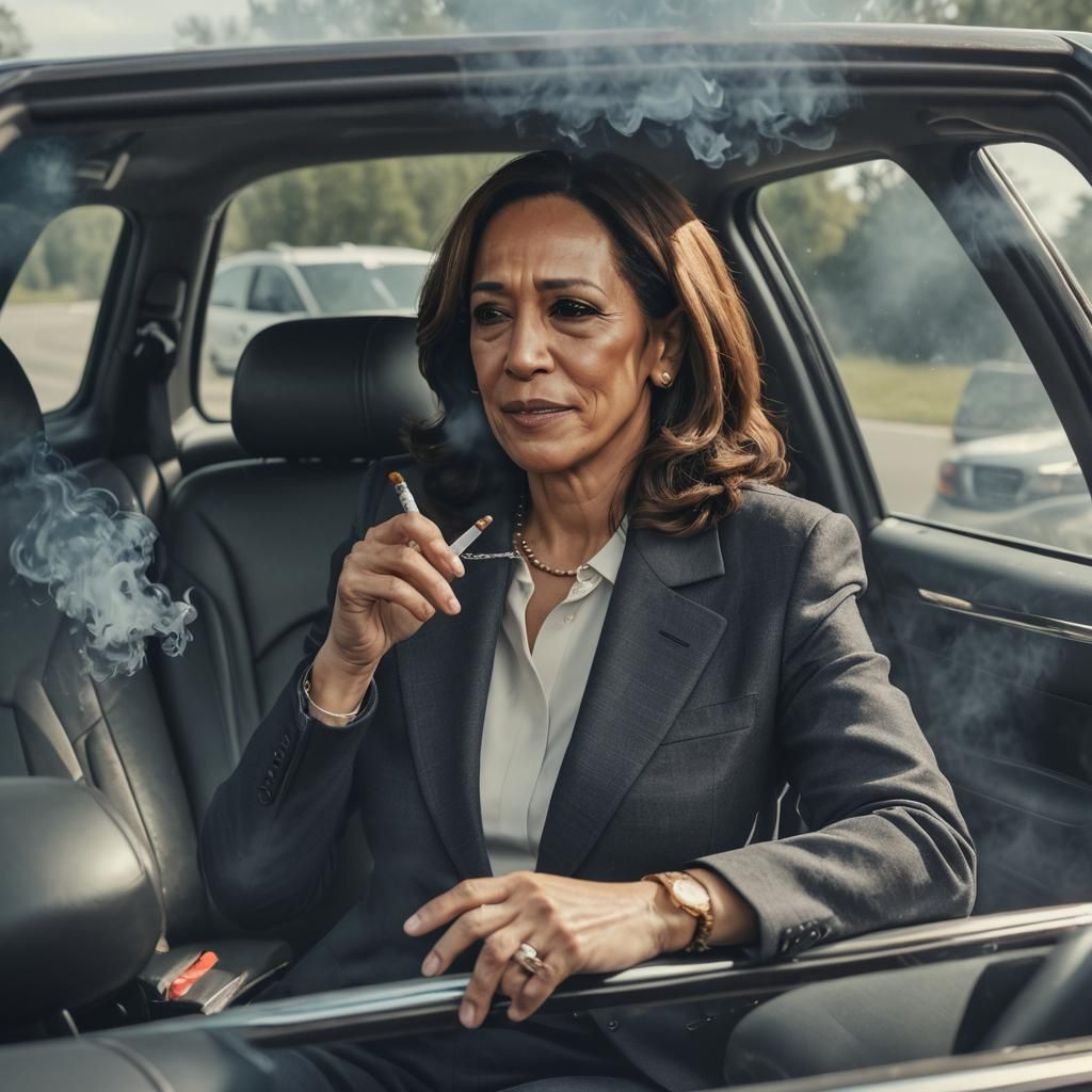 Kamala Harris sitting in a car smoking and drinking alcohol while