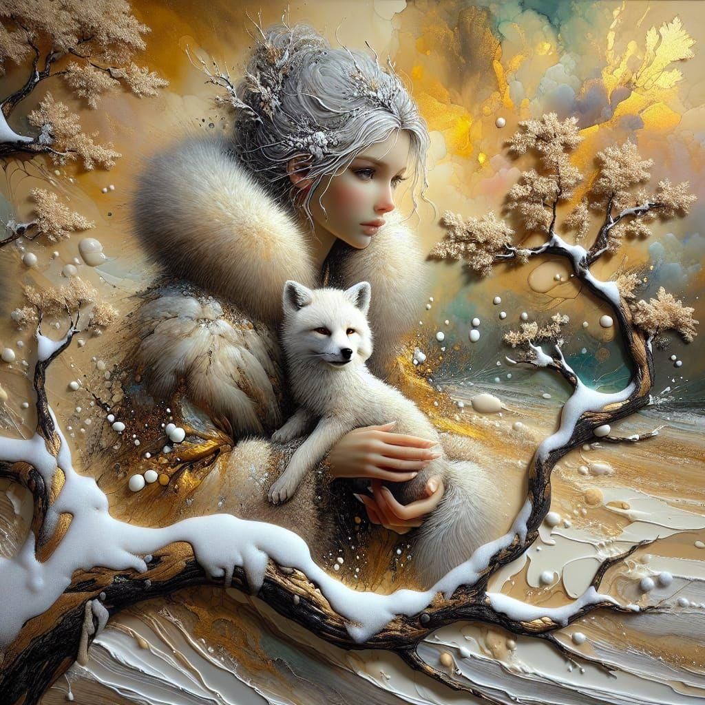 beautiful girl and snowfox