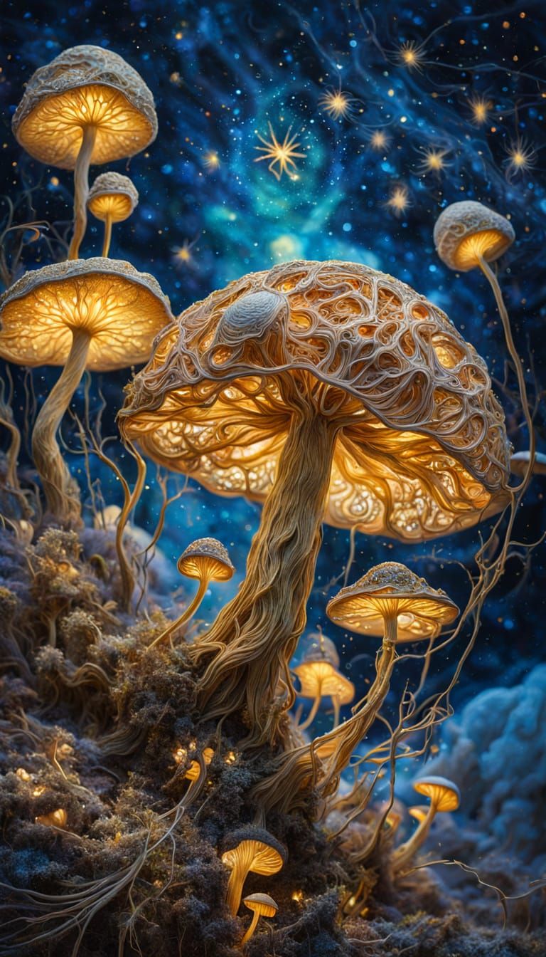 A majestic intricately detailed golden filigree mushroom set against a breathtaking night sky with a ...  by @Isaiah