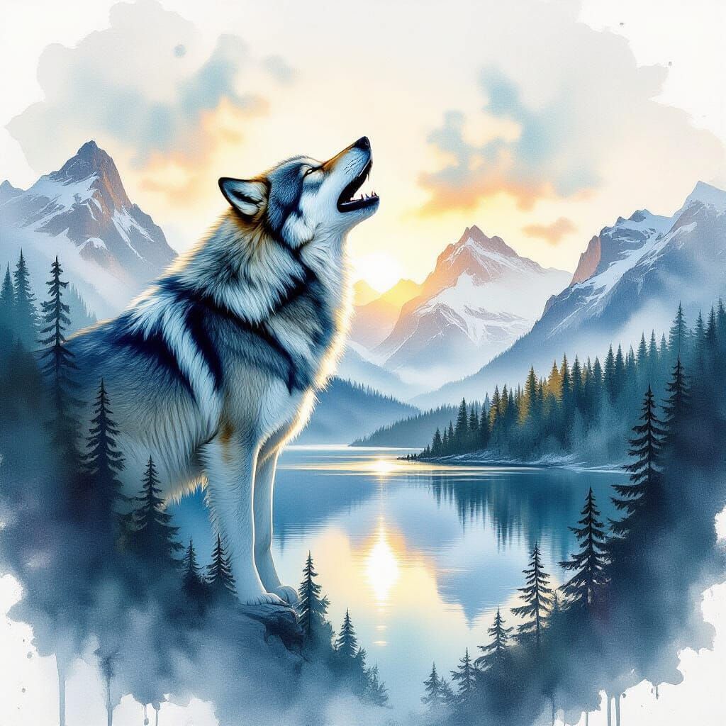 "A world-class, breathtaking watercolor masterpiece, explicitly rendered as a double exposure. The prominent, ...  by @yisrali-geae