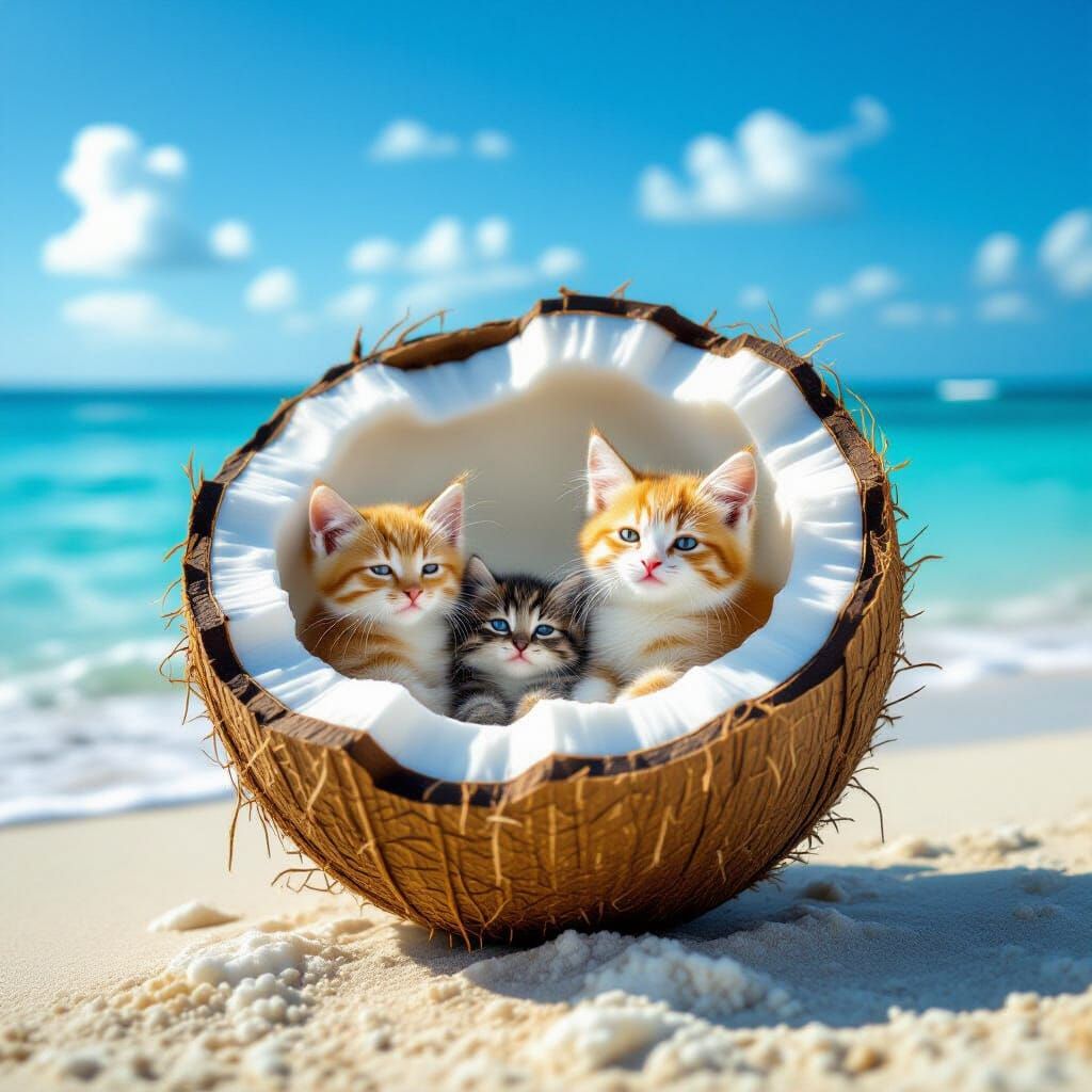 Kittens in Giant Coconut Half by the Sea