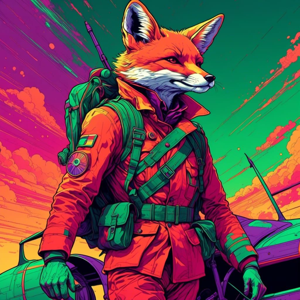 <lora:Neon Roast:1.0> an anime anthropomorphic fox dressed to fly a WW1 plane into battle, Red & green, vibrant neon, gradient, Ultraviolet 