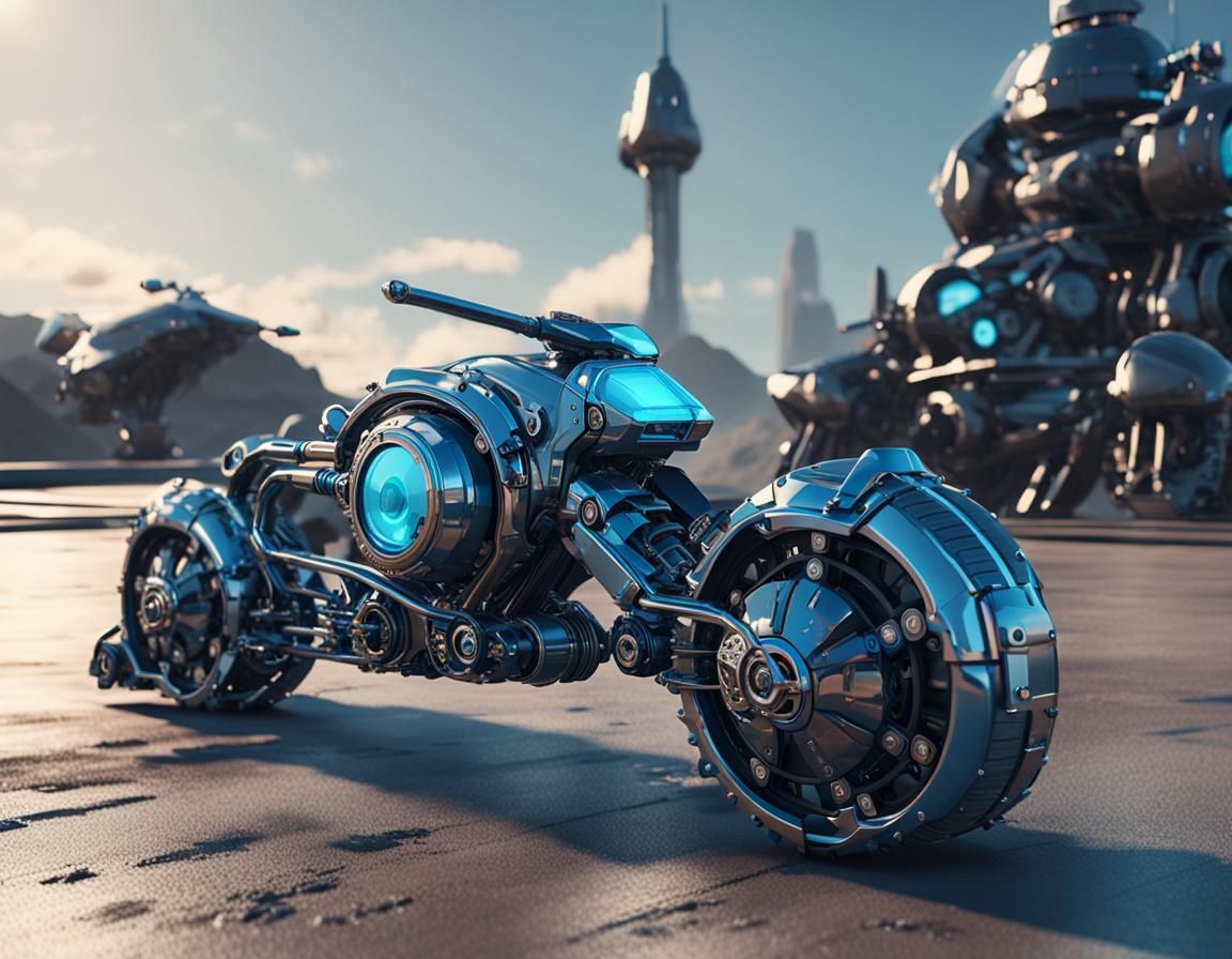 Futuristic steampunk motorcycle and matching car black blue ...