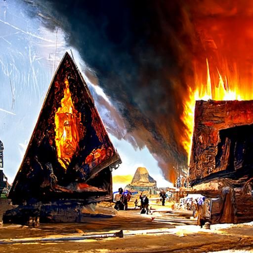 The pyramids of Giza ablaze in flames