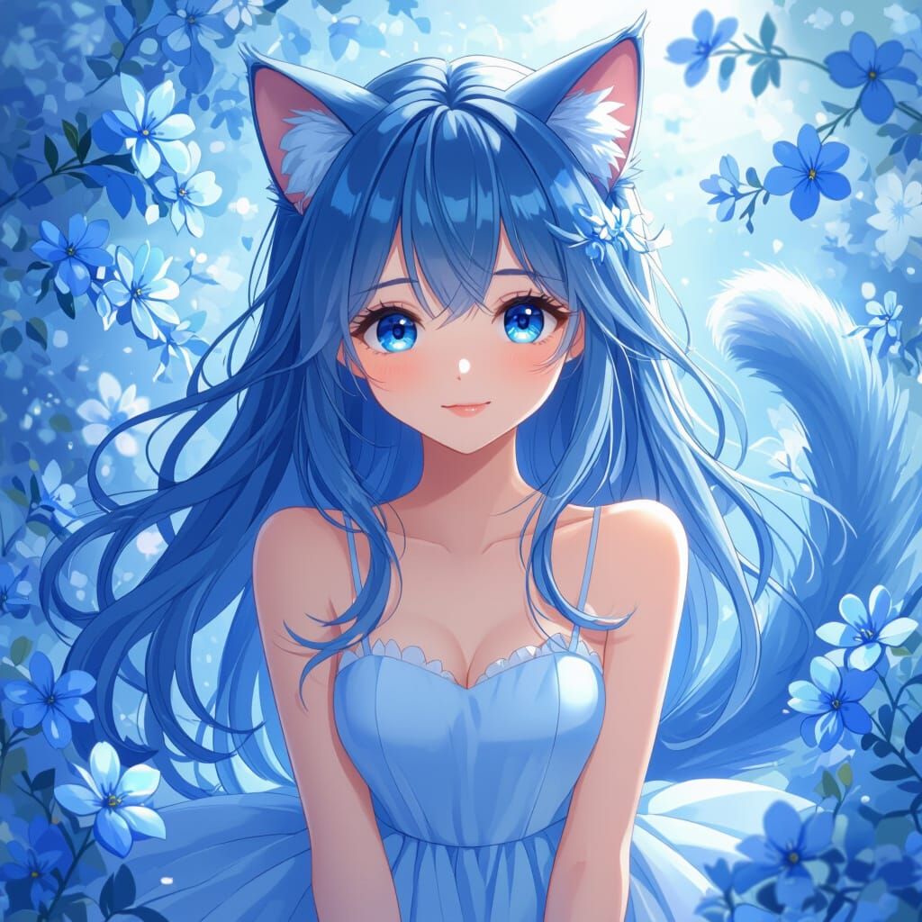 Cute Blue-Haired Girl with Cat Ears and Flowers