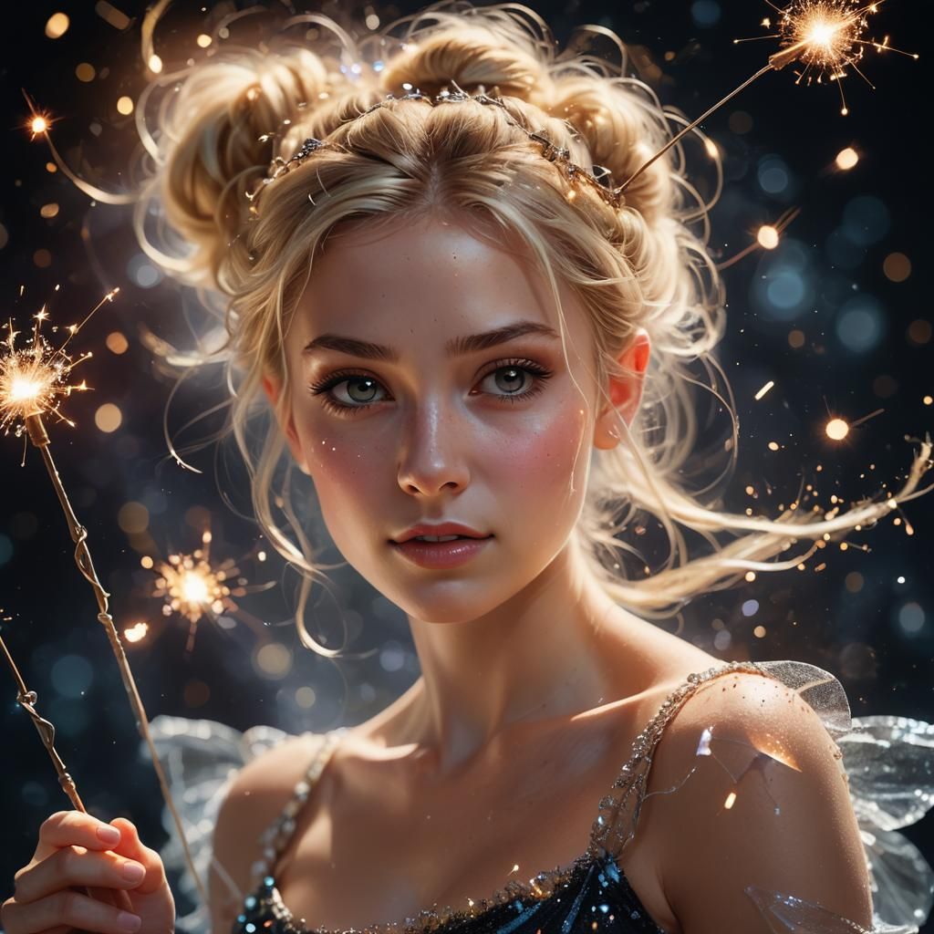 a whimsical, tiny little fairy, blonde hair in a messy bun, ...