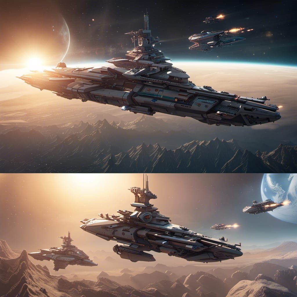 Top, a Galaxy class battleship thunders above a planet. Bottom, three ...