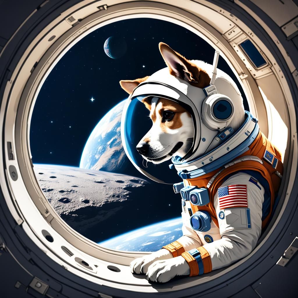 "A canine astronaut watches Earth through the window as she ...