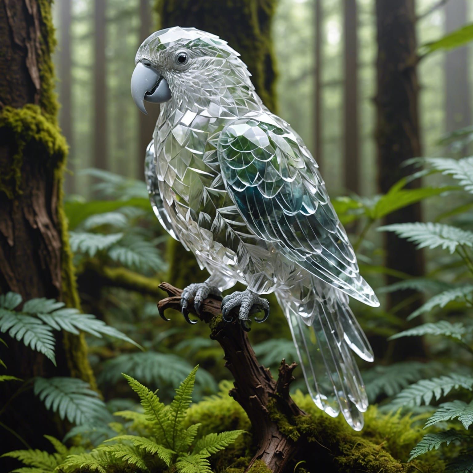 Clear quartz Crystal parrot in a forest a masterpiece, ether...