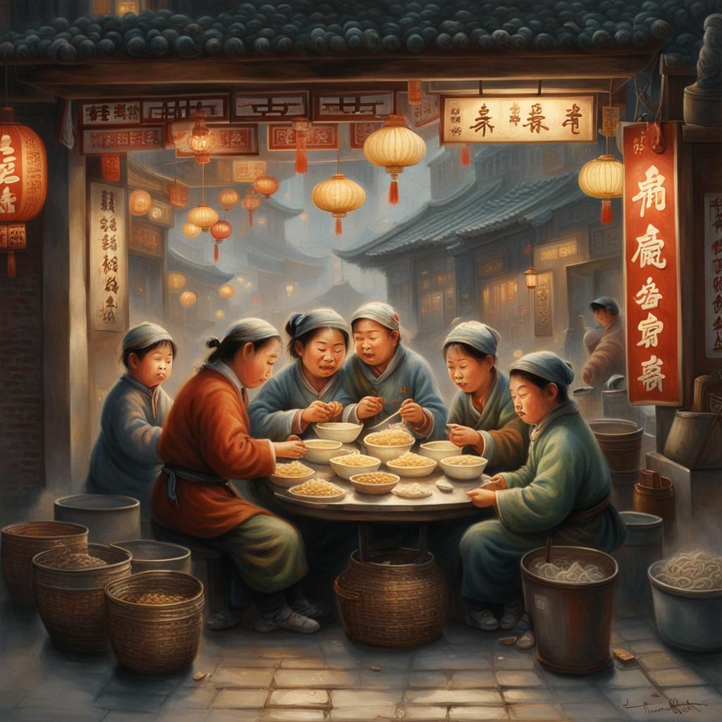 Close up of Halflings enjoying noodles in a small Chinese no...